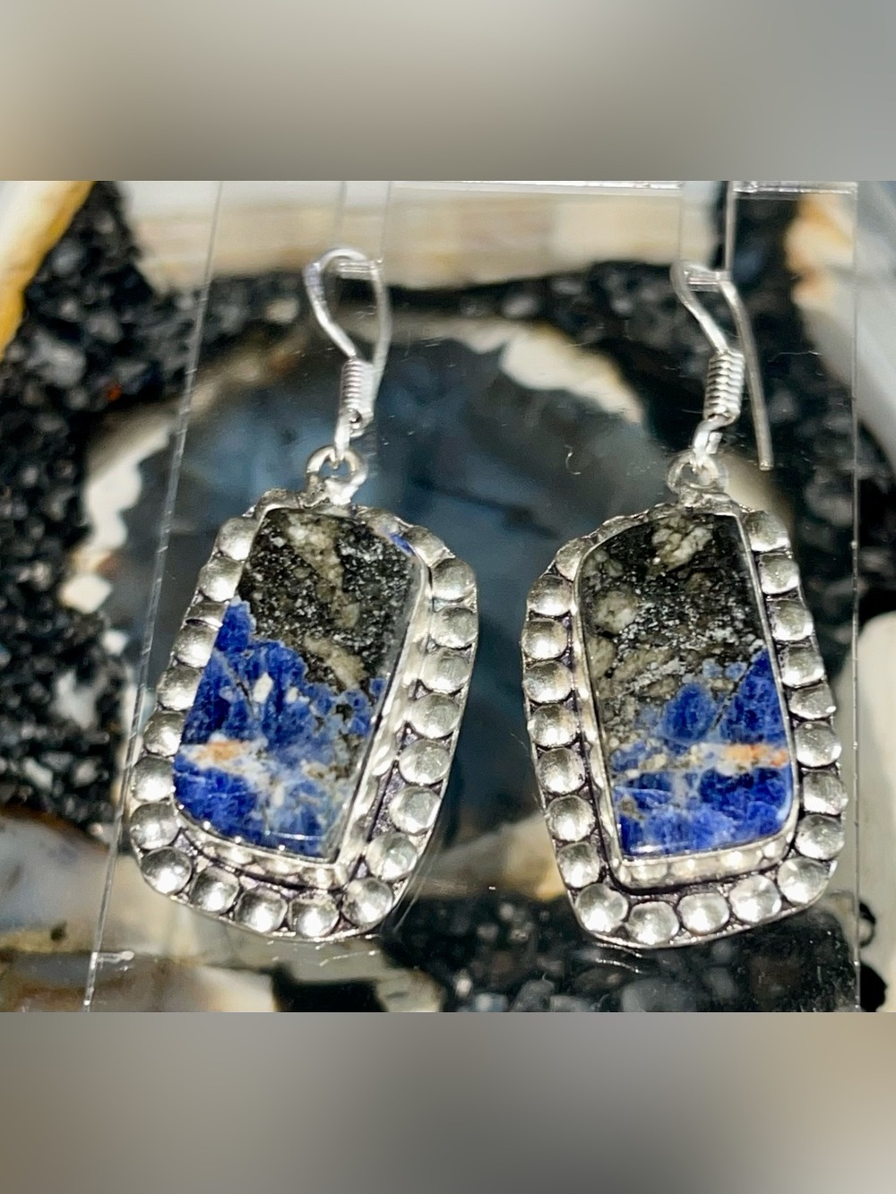 Navy Sodalite with Pyrite Earrings 2” - Picture 5 of 15